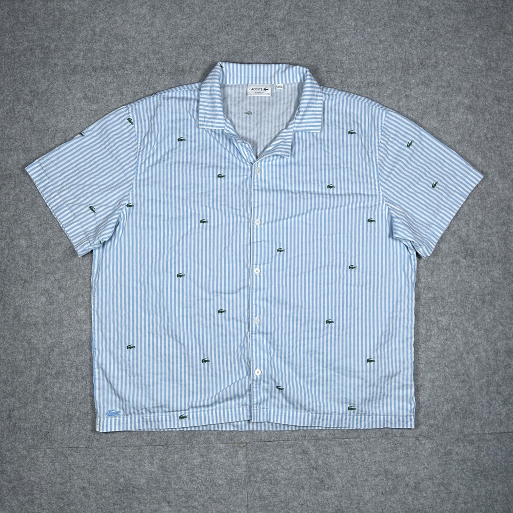 Lacoste Sleepwear Shirt Mens XL Blue Stripe All Over Logo Button Up pyjama shirt